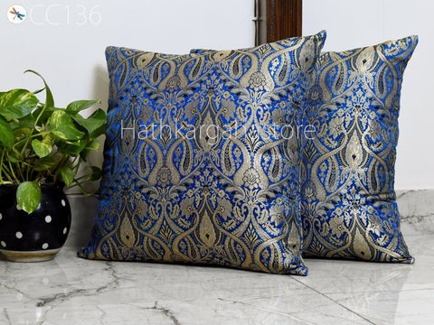 Blue Brocade Silk Pillow Cover Handmade Lumbar Pillowcases Sham Decorative Car Cushion Home Decor House Warming Bridal Shower Wedding Gift