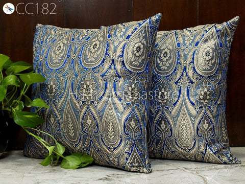 Blue Brocade Silk Pillow Cover | Handmade Lumbar | Pillowcases | Sham | Decorative Car Cushion | Home Decor | House Warming | Bridal | Shower | Wedding Gift