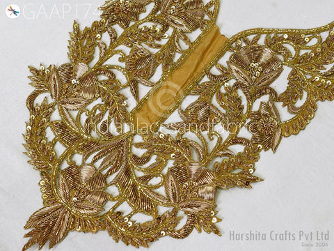 Beaded embroidered Neckline Patches, Handcrafted Beaded Patches, bridal dresses Patches, Designer Wedding Dresses neckline, Zardosi Gold Patch