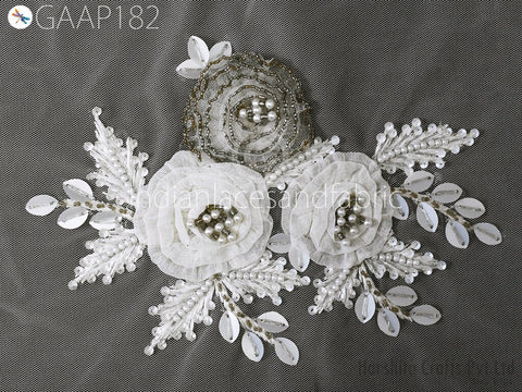 1 Piece Floral Beaded Applique | Handmade Black Patches Embroidered Women Dress White Motif Sewing Indian Patch Crafting Supply Home Decor