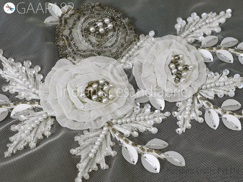 1 Piece Floral Beaded Applique | Handmade Black Patches Embroidered Women Dress White Motif Sewing Indian Patch Crafting Supply Home Decor