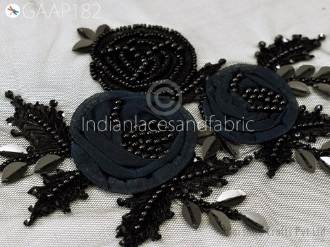 1 Piece Floral Beaded Applique | Handmade Black Patches Embroidered Women Dress White Motif Sewing Indian Patch Crafting Supply Home Decor