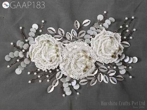 8"/4.5" Beaded Applique Handmade Lace Patch Embroidered Floral Sew on Women Dress, Wedding Gown Bodice DIY Crafting Supply Home Wall Decor
