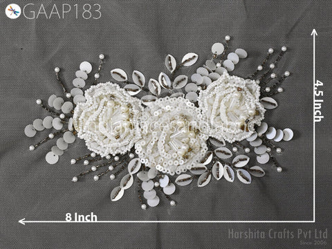 8"/4.5" Beaded Applique Handmade Lace Patch Embroidered Floral Sew on Women Dress, Wedding Gown Bodice DIY Crafting Supply Home Wall Decor