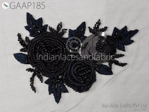 Handmade Beaded Rhinestone Floral Applique Patch | Bridal Gown & Dance Costume Sew-On Embellishment | Indian Embroidery Supply