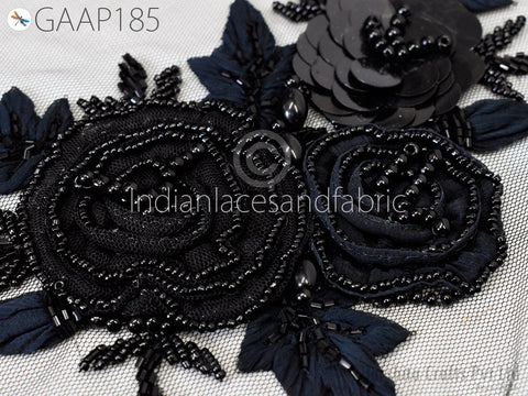 Handmade Beaded Rhinestone Floral Applique Patch | Bridal Gown & Dance Costume Sew-On Embellishment | Indian Embroidery Supply