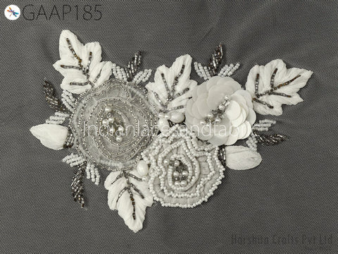 Handmade Beaded Rhinestone Floral Applique Patch | Bridal Gown & Dance Costume Sew-On Embellishment | Indian Embroidery Supply