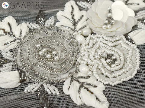 Handmade Beaded Rhinestone Floral Applique Patch | Bridal Gown & Dance Costume Sew-On Embellishment | Indian Embroidery Supply