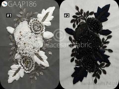 1 Piece Floral Beaded Applique | Handmade White Motif Patches Embroidered Women Black Dress Sewing Indian Patch Crafting Supply Home Decor
