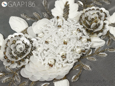 1 Piece Floral Beaded Applique | Handmade White Motif Patches Embroidered Women Black Dress Sewing Indian Patch Crafting Supply Home Decor