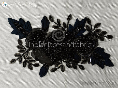 1 Piece Floral Beaded Applique | Handmade White Motif Patches Embroidered Women Black Dress Sewing Indian Patch Crafting Supply Home Decor