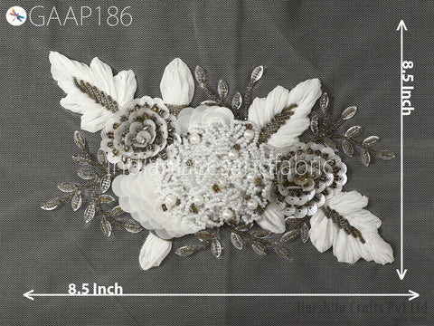 1 Piece Floral Beaded Applique | Handmade White Motif Patches Embroidered Women Black Dress Sewing Indian Patch Crafting Supply Home Decor