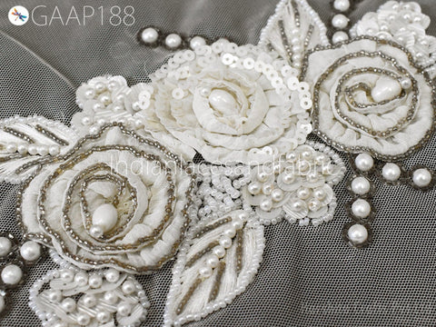 Beaded Floral Applique: Handmade Embroidered Patch, Wedding Costume Decor