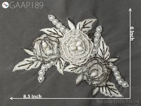 8.5"/6" Beaded Applique Handmade Lace Patch Embroidered Floral Sew on Women Dress, Wedding Gown Bodice DIY Crafting Supply Home Wall Decor