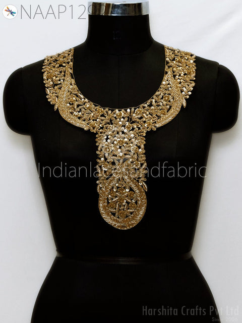 Handcrafted Zardosi Gold Neck Patches Crafting Neckline Indian Decorated Sequins Zari Work Embroidered Decorative Patches