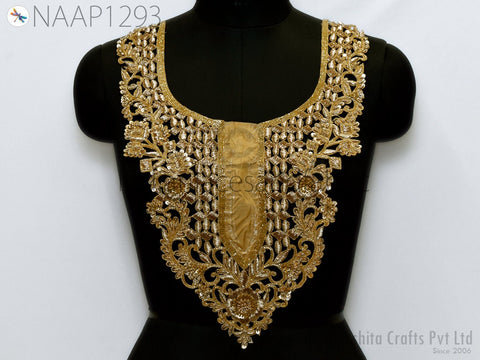 Metallic thread embroidered Neckline Patches, Zardosi Work Neckline Patch, Handcrafted Applique, Zardozi Applique, Golden Applique, Bridal Applique, Indian patch