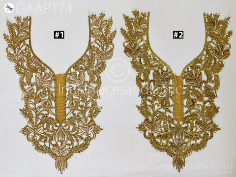 Rhinestone Applique,Handcrafted Zardosi Gold Neck Patches Crafting Neckline Indian Decorated Sequins Zari Work Embroidered Decorative Patches