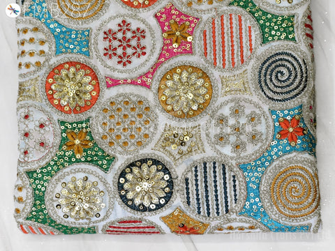 Indian Embroidered Fabric by Yard Georgette Off White Embroidery Sewing Curtain DIY Crafting Summer Women Dress Material Drapery Home Decor