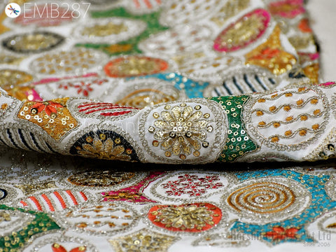 Indian Embroidered Fabric by Yard Georgette Off White Embroidery Sewing Curtain DIY Crafting Summer Women Dress Material Drapery Home Decor