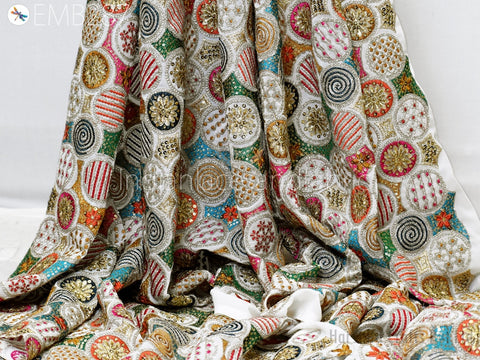 Indian Embroidered Fabric by Yard Georgette Off White Embroidery Sewing Curtain DIY Crafting Summer Women Dress Material Drapery Home Decor