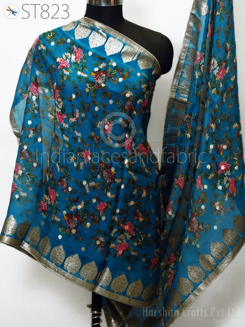 Teal Organza Brocade Gold Indian Printed Head Scarf, Organza floral printed dupatta with heavy gold sequins work