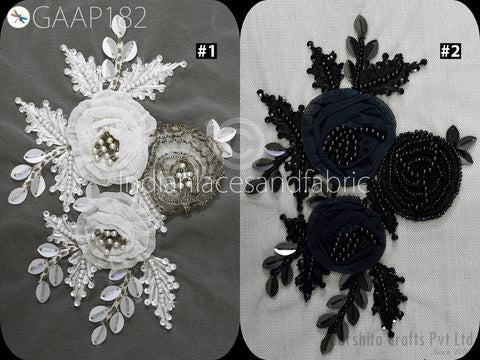 1 Piece Floral Beaded Applique | Handmade Black Patches Embroidered Women Dress White Motif Sewing Indian Patch Crafting Supply Home Decor