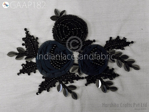 1 Piece Floral Beaded Applique | Handmade Black Patches Embroidered Women Dress White Motif Sewing Indian Patch Crafting Supply Home Decor