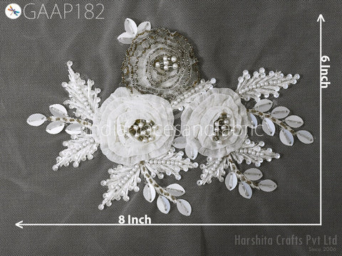 1 Piece Floral Beaded Applique | Handmade Black Patches Embroidered Women Dress White Motif Sewing Indian Patch Crafting Supply Home Decor