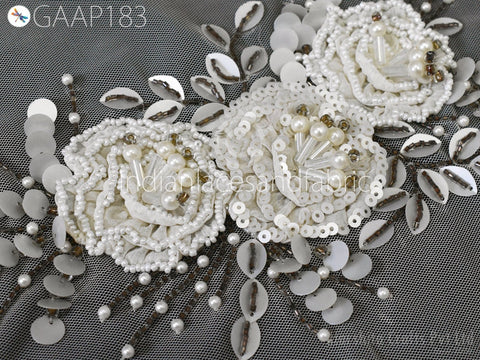 8"/4.5" Beaded Applique Handmade Lace Patch Embroidered Floral Sew on Women Dress, Wedding Gown Bodice DIY Crafting Supply Home Wall Decor