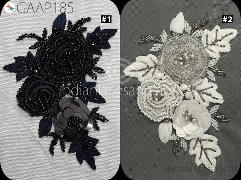 Handmade Beaded Rhinestone Floral Applique Patch | Bridal Gown & Dance Costume Sew-On Embellishment | Indian Embroidery Supply