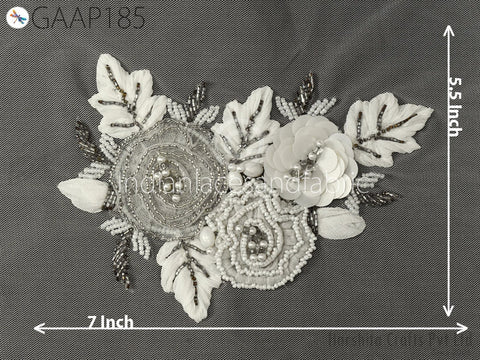 Handmade Beaded Rhinestone Floral Applique Patch | Bridal Gown & Dance Costume Sew-On Embellishment | Indian Embroidery Supply