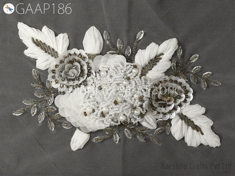 1 Piece Floral Beaded Applique | Handmade White Motif Patches Embroidered Women Black Dress Sewing Indian Patch Crafting Supply Home Decor