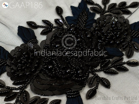 1 Piece Floral Beaded Applique | Handmade White Motif Patches Embroidered Women Black Dress Sewing Indian Patch Crafting Supply Home Decor