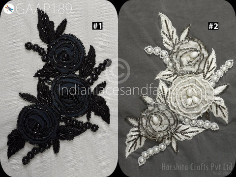 8.5"/6" Beaded Applique Handmade Lace Patch Embroidered Floral Sew on Women Dress, Wedding Gown Bodice DIY Crafting Supply Home Wall Decor