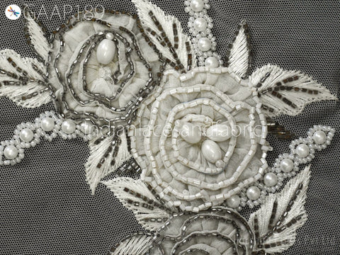 8.5"/6" Beaded Applique Handmade Lace Patch Embroidered Floral Sew on Women Dress, Wedding Gown Bodice DIY Crafting Supply Home Wall Decor