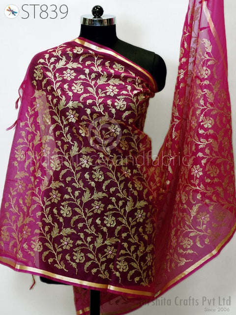 Ethnic Motifs Woven Design Dupatta with Zari, Handmade Brocade Scarves, Handmade Dupatta, Banarasi Silk Brocade Dupatta