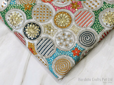 Indian Embroidered Fabric by Yard Georgette Off White Embroidery Sewing Curtain DIY Crafting Summer Women Dress Material Drapery Home Decor