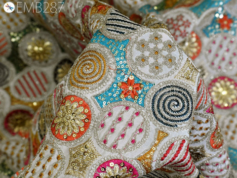 Indian Embroidered Fabric by Yard Georgette Off White Embroidery Sewing Curtain DIY Crafting Summer Women Dress Material Drapery Home Decor