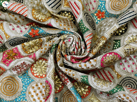 Indian Embroidered Fabric by Yard Georgette Off White Embroidery Sewing Curtain DIY Crafting Summer Women Dress Material Drapery Home Decor