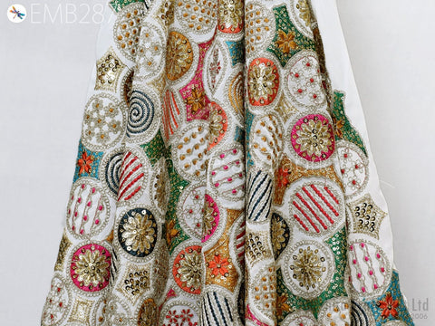 Indian Embroidered Fabric by Yard Georgette Off White Embroidery Sewing Curtain DIY Crafting Summer Women Dress Material Drapery Home Decor