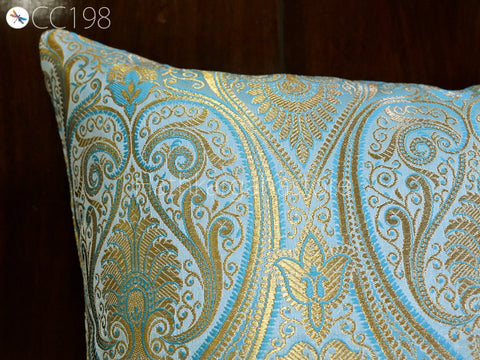 Turquoise and gold brocade silk pillow cover with floral jacquard design, handmade lumbar cushion cover for sofa or bed.