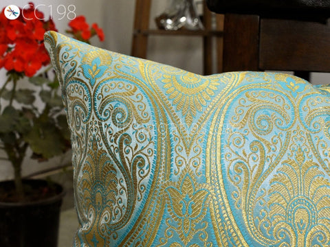 Turquoise Brocade Silk Pillow Cover Lumbar Pillowcases Handmade Sham Decorative Cushion Home Decor House Warming Bridal Shower Wedding Gift