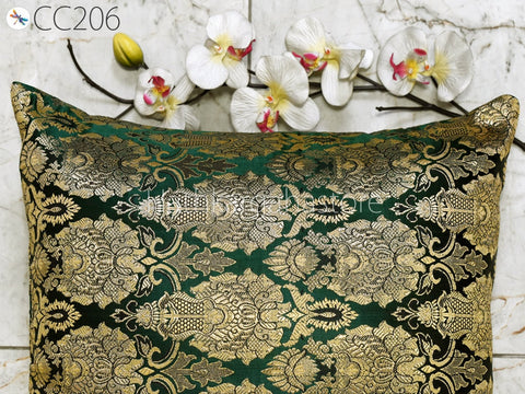 Green Silk Pillow Cover Pillowcase Handmade Lumbar Sham Gold Brocade Decorative Cushion Home Decor House Warming Bridal Shower Wedding Gift