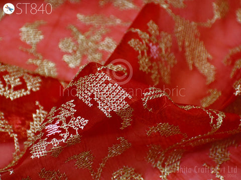 Red Organza Embroidery Gold Indian Head Scarf Crafting Sewing Wedding Dress Costume Doll Making Gift for Her Bridal Veil