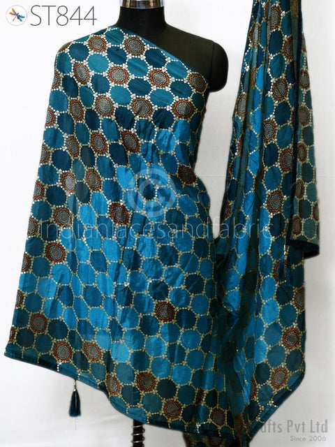 Blue chinon chiffon dupatta with gold embroidery on mannequin