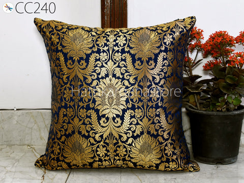 Navy Blue Brocade Silk Pillow Cover Handmade Lumbar Pillowcases Sham Decorative Cushion Home Decor House Warming Bridal Shower Wedding Gift