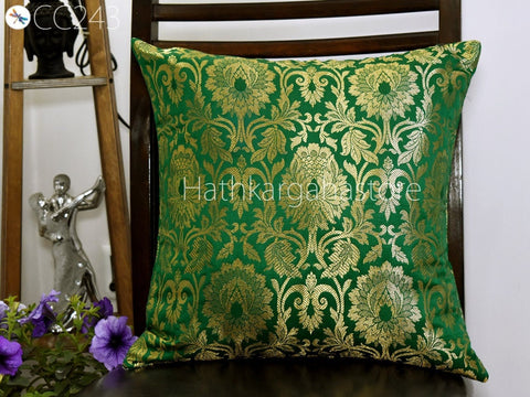 Green Silk Pillow Cover Pillowcases Handmade Lumbar Sham Gold Brocade Decorative Cushion Home Decor House Warming Bridal Shower Wedding Gift