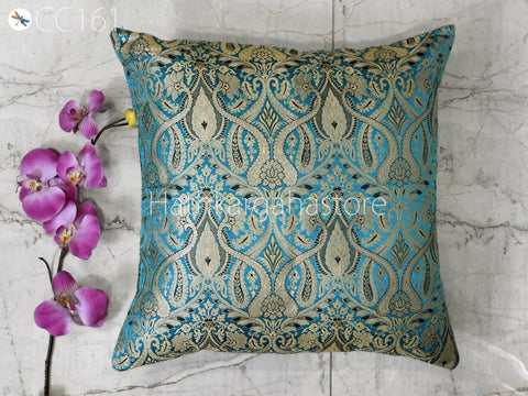 Teal Brocade Silk Pillow Cover Handmade Lumbar Pillowcases Sham Decorative Car Cushion Home Decor House Warming Bridal Shower Wedding Gift