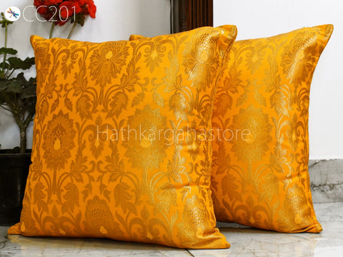 Yellow Brocade Silk Pillow Cover Handmade Lumbar Pillowcases Sham Decorative Cushion Home Decor House Warming Bridal Shower Wedding Gift