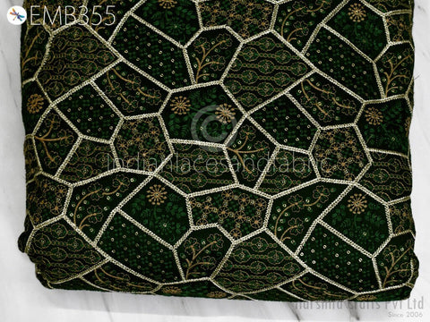 Green, Golden Zari Embroidery on Bottle Green Dupioni Fabric, Thread Word Fabric, Lehenga Fabric, Blouse Making Fabric